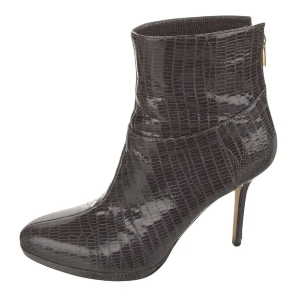 Jimmy Choo Embossed Leather Animal Reptile Boots Booties Heels Gray Brown 39 9