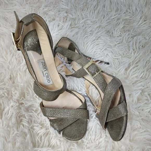 Jimmy Choo sandals Sz 39.5 pewter heels 4&quot; leather metallic strappy