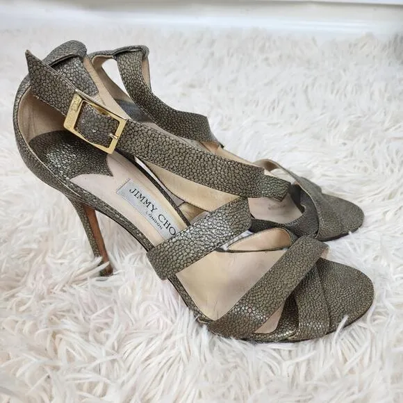 Jimmy Choo sandals Sz 39.5 pewter heels 4&quot; leather metallic strappy