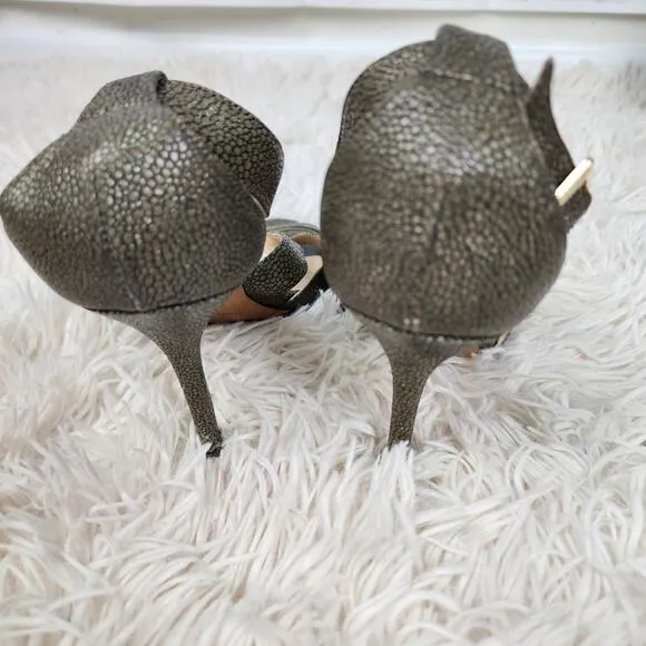 Jimmy Choo sandals Sz 39.5 pewter heels 4&quot; leather metallic strappy