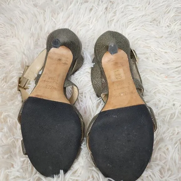 Jimmy Choo sandals Sz 39.5 pewter heels 4&quot; leather metallic strappy