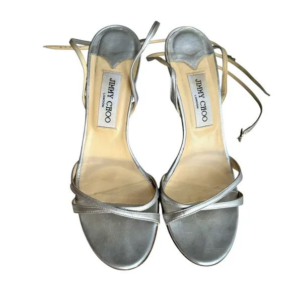 Jimmy Choo Silver Strappy Sandals Leather Ankle Strap Heels Made in Italy Womens