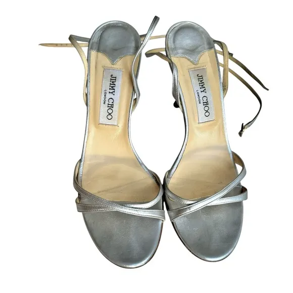 Jimmy Choo Silver Strappy Sandals Leather Ankle Strap Heels Made in Italy Womens