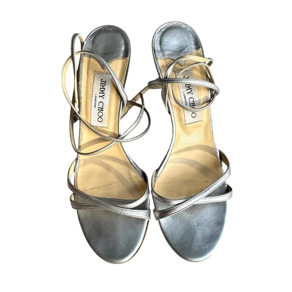 Jimmy Choo Silver Strappy Sandals Leather Ankle Strap Heels Made in Italy Womens