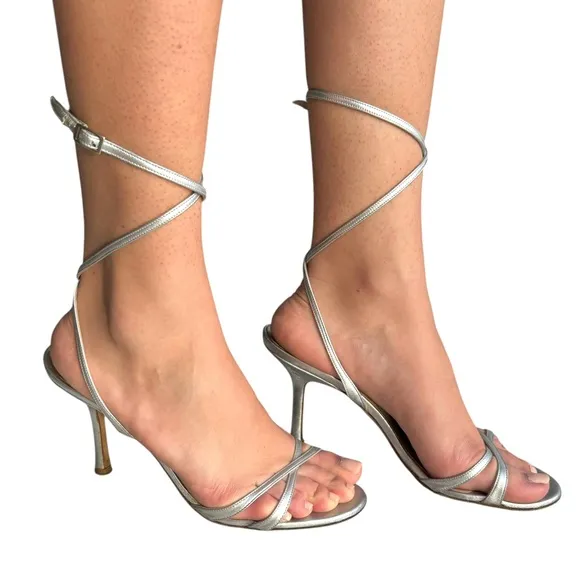 Jimmy Choo Silver Strappy Sandals Leather Ankle Strap Heels Made in Italy Womens