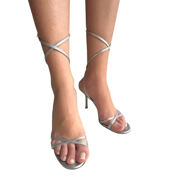 Jimmy Choo Silver Strappy Sandals Leather Ankle Strap Heels Made in Italy Womens