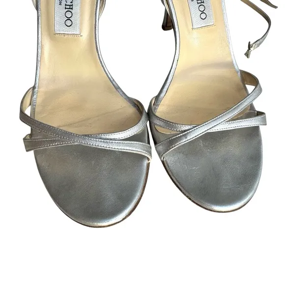 Jimmy Choo Silver Strappy Sandals Leather Ankle Strap Heels Made in Italy Womens