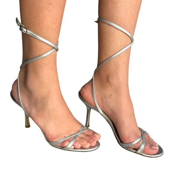 Jimmy Choo Silver Strappy Sandals Leather Ankle Strap Heels Made in Italy Womens