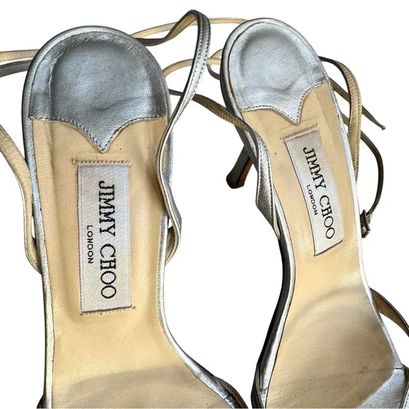 Jimmy Choo Silver Strappy Sandals Leather Ankle Strap Heels Made in Italy Womens