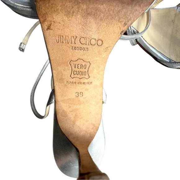 Jimmy Choo Silver Strappy Sandals Leather Ankle Strap Heels Made in Italy Womens