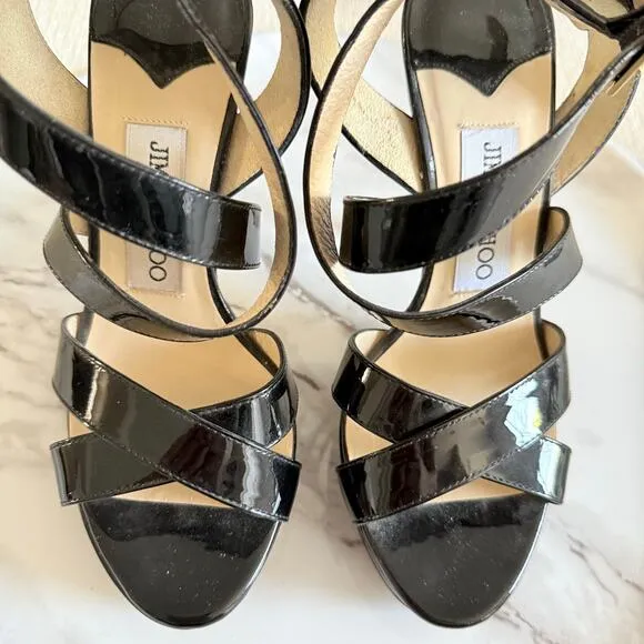 Jimmy Choo Vamp Patent Leather Black Platform Heels Sandals