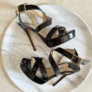 Jimmy Choo Vamp Patent Leather Black Platform Heels Sandals