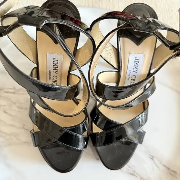Jimmy Choo Vamp Patent Leather Black Platform Heels Sandals