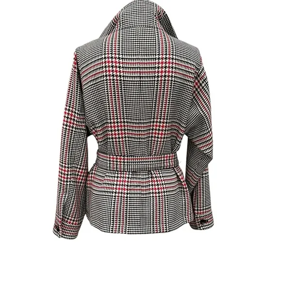 JONES NEW YORK GLEN PLAID WINTER COAT JACKET BELTED WAIST BLACK WHITE RED WINTER