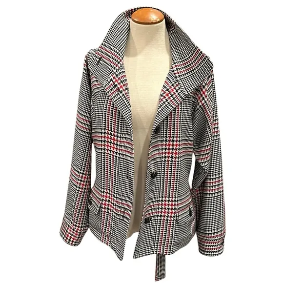 JONES NEW YORK GLEN PLAID WINTER COAT JACKET BELTED WAIST BLACK WHITE RED WINTER