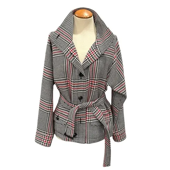 JONES NEW YORK GLEN PLAID WINTER COAT JACKET BELTED WAIST BLACK WHITE RED WINTER