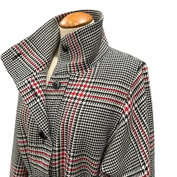 JONES NEW YORK GLEN PLAID WINTER COAT JACKET BELTED WAIST BLACK WHITE RED WINTER