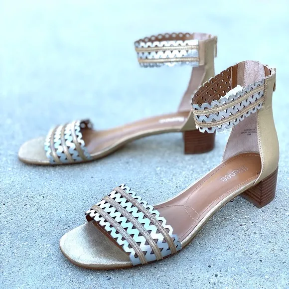 j.RENEE metallic sandals gold silver leather heeled sandal ankle strap women’s