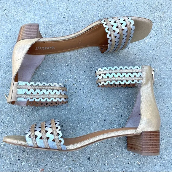 j.RENEE metallic sandals gold silver leather heeled sandal ankle strap women’s