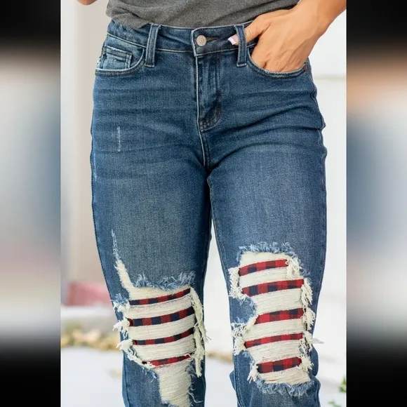 🇺🇸Judy Blue RedWhiteBlue Buffalo Plaid Patch midrise Navy Red Americana