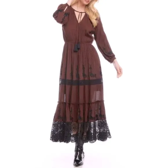 Karen Kane Dandy Girl Long Sleeve Embroidered Lace Maxi Dress • NWT