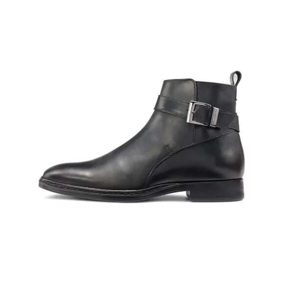 KARL LAGERFELD Mens Black Buckled Strap Heel Pull-Tab Leather Boots Shoes 8.5