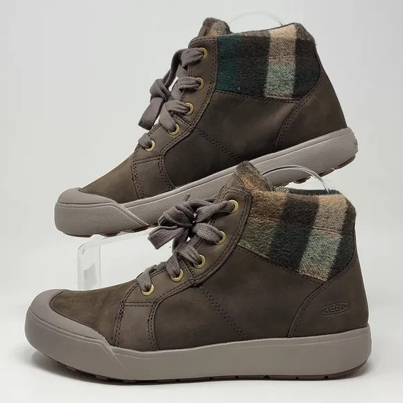 KEEN Elena Mid Boots Womens Sz 7 Hiking Winter Chestnut Leather Insulated Plaid