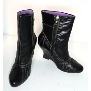 Kenzie Tulip Black Leather Booties Heels Wedges Women’s Size 7