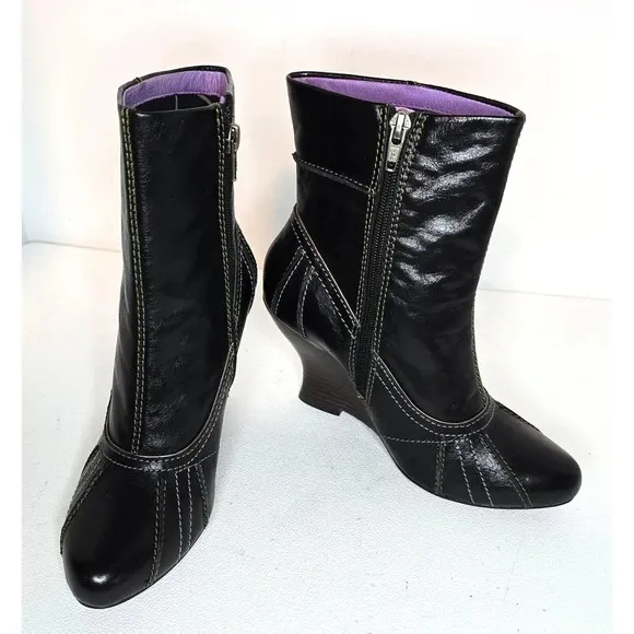 Kenzie Tulip Black Leather Booties Heels Wedges Women’s Size 7
