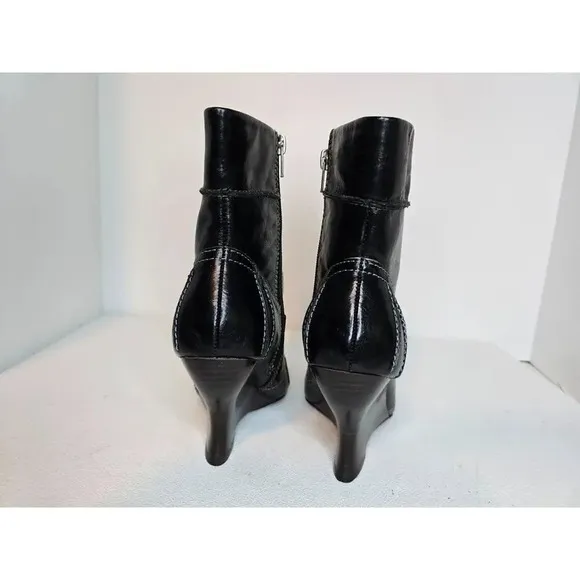 Kenzie Tulip Black Leather Booties Heels Wedges Women’s Size 7