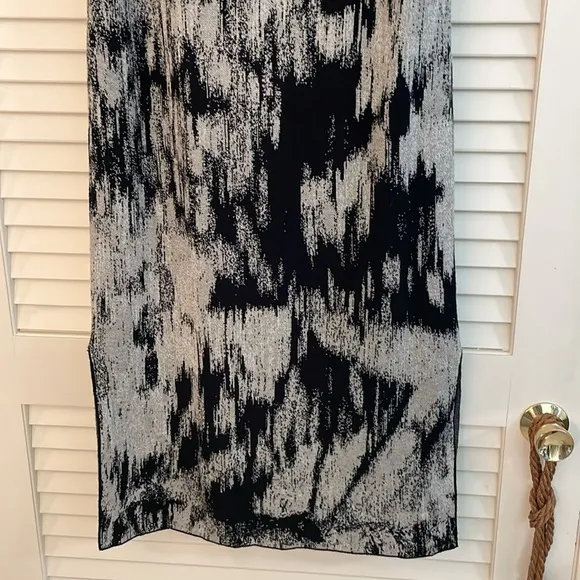 Lafayette 148NY Jacquard Stand Collar Black Gray Patterned Knit Side Slit Dress