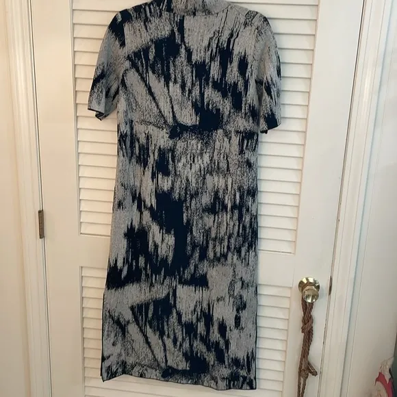 Lafayette 148NY Jacquard Stand Collar Black Gray Patterned Knit Side Slit Dress
