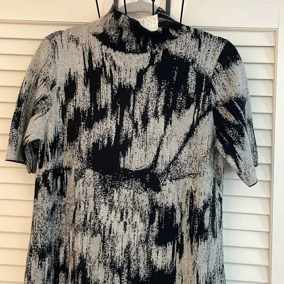 Lafayette 148NY Jacquard Stand Collar Black Gray Patterned Knit Side Slit Dress