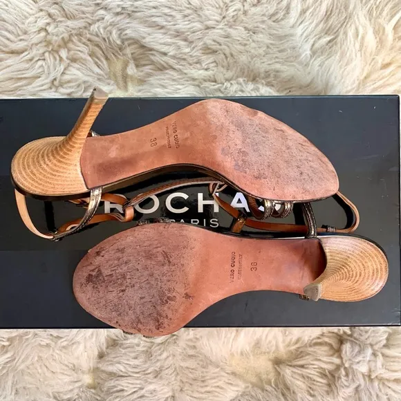 Lanvin T-strap Sandals Heels Metallic Leather Ete 2012 Italy Bronze 38 7