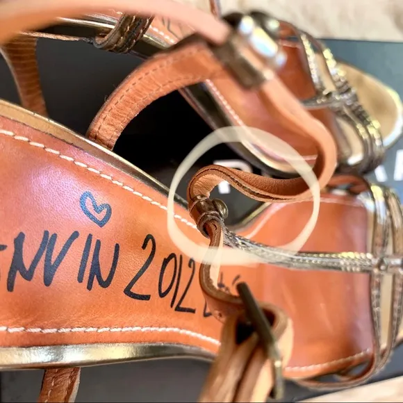 Lanvin T-strap Sandals Heels Metallic Leather Ete 2012 Italy Bronze 38 7