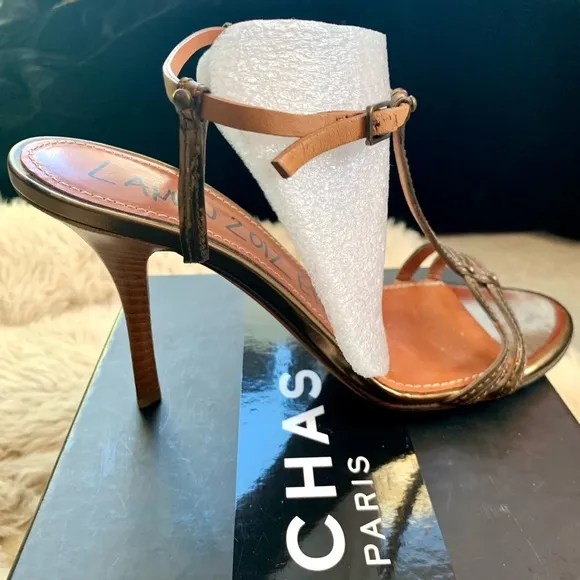 Lanvin T-strap Sandals Heels Metallic Leather Ete 2012 Italy Bronze 38 7