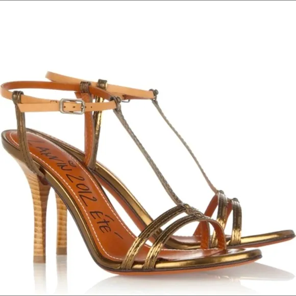 Lanvin T-strap Sandals Heels Metallic Leather Ete 2012 Italy Bronze 38 7