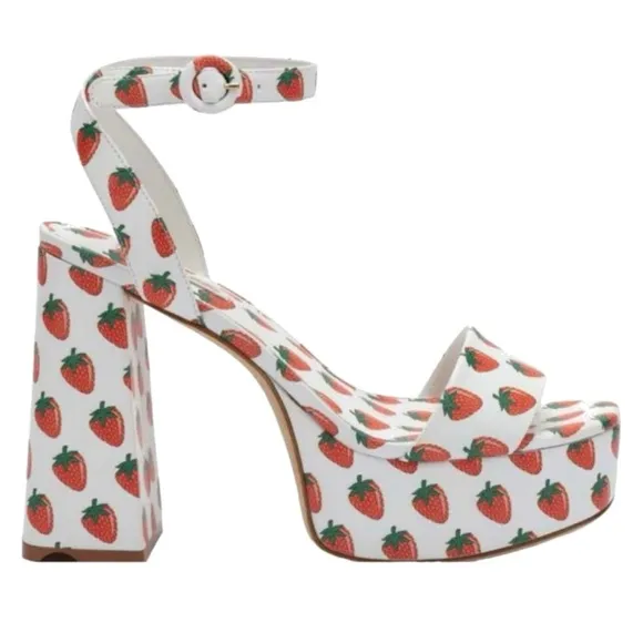 Larroude strawberry print white platform heels sandals 8.5