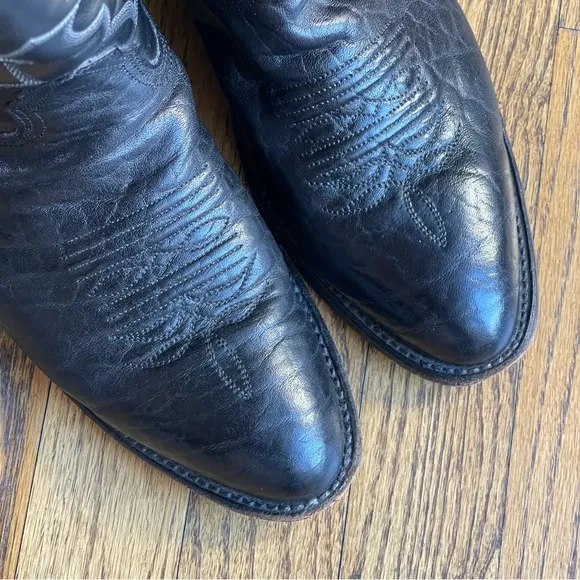 Larry Mahan Black Leather Flame Stitch Western Rodeo Cowboy Boots 9D