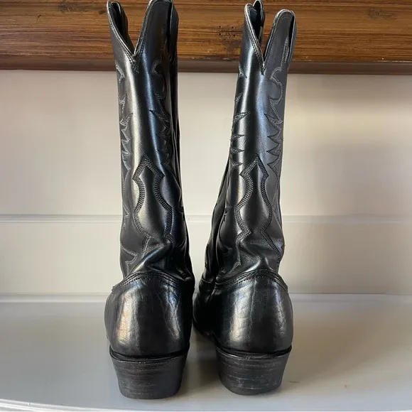 Larry Mahan Black Leather Flame Stitch Western Rodeo Cowboy Boots 9D