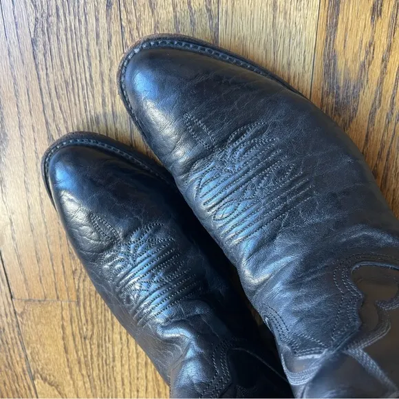 Larry Mahan Black Leather Flame Stitch Western Rodeo Cowboy Boots 9D