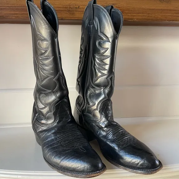 Larry Mahan Black Leather Flame Stitch Western Rodeo Cowboy Boots 9D