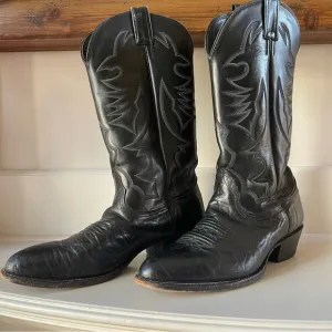 Larry Mahan Black Leather Flame Stitch Western Rodeo Cowboy Boots 9D