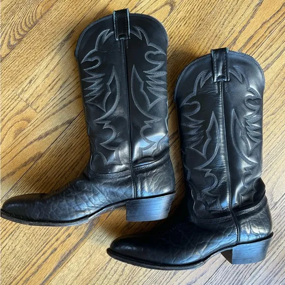 Larry Mahan Black Leather Flame Stitch Western Rodeo Cowboy Boots 9D