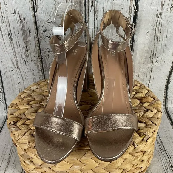 Lewit “Guilia” Heeled Sandals Rose Gold Leather Ankle Wrap Heels 38.5 - 7.5