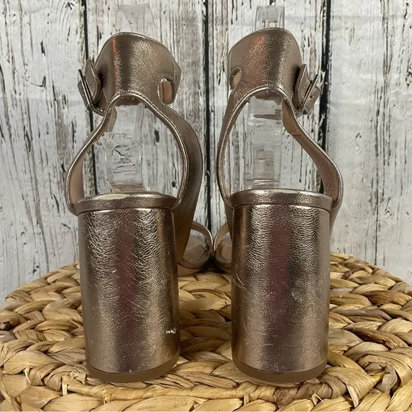Lewit “Guilia” Heeled Sandals Rose Gold Leather Ankle Wrap Heels 38.5 - 7.5