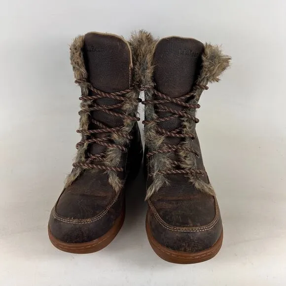 LLBean winter boots women's size 7 brown oiled leather waterproof faux fur lined