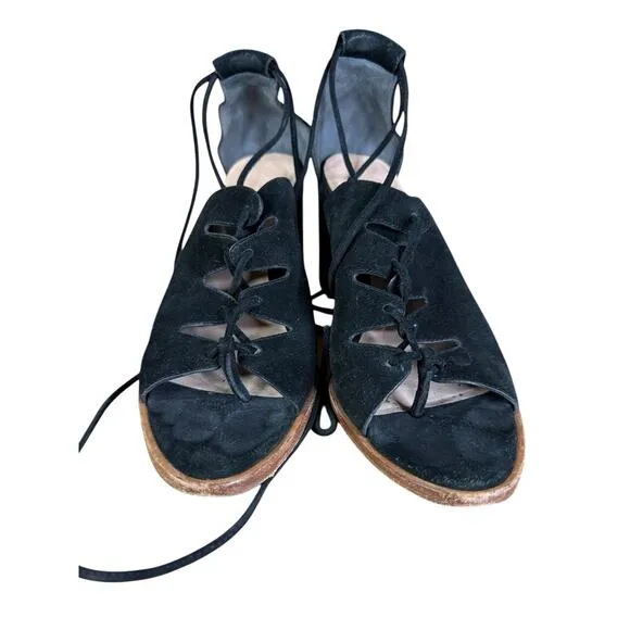 Loeffler Randall Helene Kid Suede Lace-Up Sandals Black Size 9.5B Block Heel