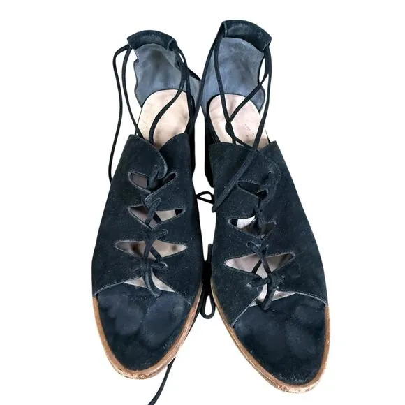 Loeffler Randall Helene Kid Suede Lace-Up Sandals Black Size 9.5B Block Heel