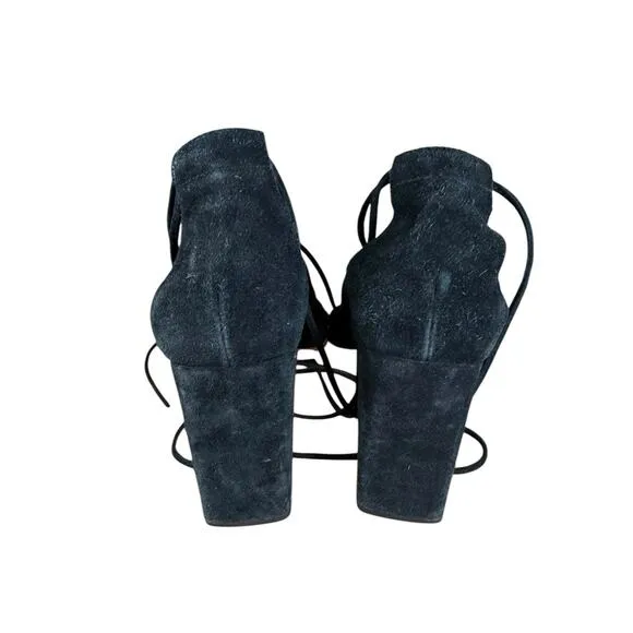Loeffler Randall Helene Kid Suede Lace-Up Sandals Black Size 9.5B Block Heel